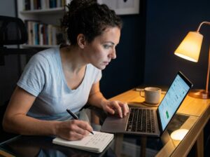 Fiverr AI Brief tool — woman reviewing buyer brief matches and crafting response on dashboard