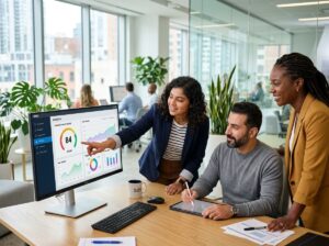 A diverse product team of three people reviewing the Userlytics ULX Score on a large analytics dashboard in a bright modern office.