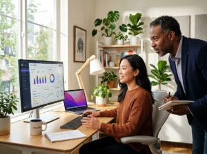 A woman and man of diverse backgrounds reviewing the Userlytics platform dashboard on a desktop monitor in a modern bright workspace.