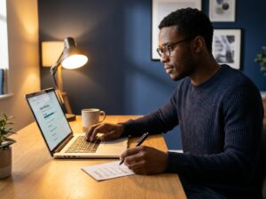 Fiverr for beginners step by step — man setting up seller profile and gig on laptop