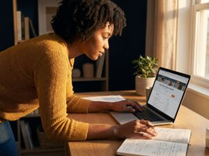 Fiverr for beginners — young woman setting up her first freelance gig on a laptop