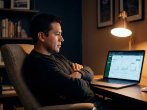 How long to get orders on Fiverr — man reviewing seller analytics dashboard to assess gig performance