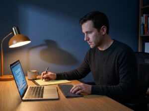 Male freelancer reviewing Toptal rejection email on laptop while taking diagnostic prep notes
