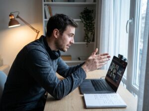 Male freelancer rehearsing Toptal screening explanation on video call with structured prep notes visible