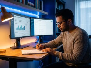 How Fiverr works — man analysing seller dashboard metrics to optimise gig performance