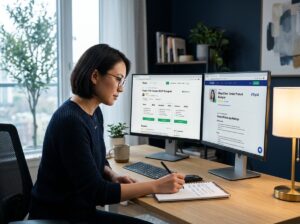 Woman comparing Toptal vs Fiverr Pro platform dashboards with focused analytical expression at desk