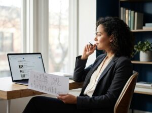 Fiverr gigs that sell — woman researching high-demand categories to choose her niche service