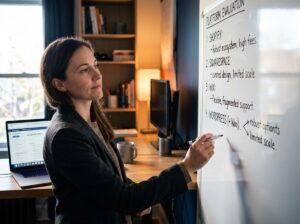 Female senior freelancer evaluating best freelance platforms to replace Toptal on office whiteboard