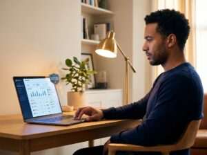 Freelancer reviewing Fiverr Pro credibility badge on laptop dashboard