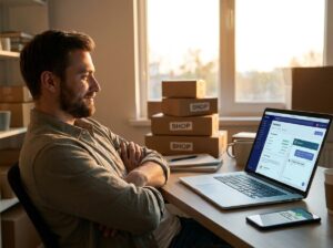 Man watching an AI chatbot resolve a customer support ticket on his Shopify store