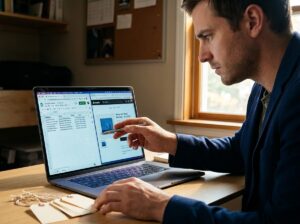 Man cross-referencing a Shopify product CSV against the live storefront preview