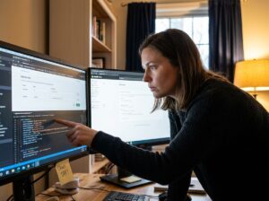 Woman configuring Shopify custom domain DNS records across two monitors