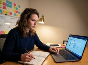 Woman comparing an AI-generated Shopify store template against her own brand notes