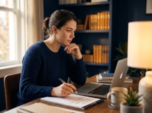 Freelancer rewriting her Fiverr gig description opening line at her desk