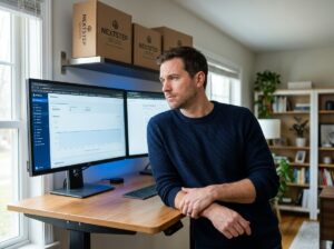 Shopify store owner studying a revenue plateau on a dashboard