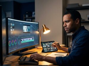Freelancer editing an AI-assisted video project for a Fiverr gig