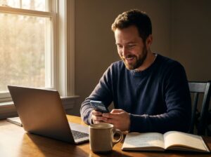 Freelancer reacts to his Toptal acceptance notification at his home desk