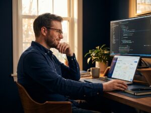 Toptal freelancer reviews his earnings dashboard at his home office desk