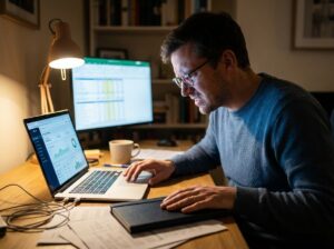 Freelancer reviewing unpaid Upwork milestone dispute on laptop