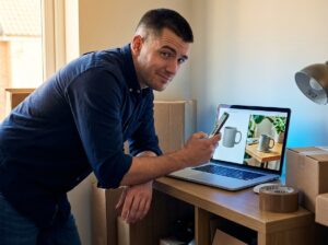 Man comparing plain product photo to AI-enhanced version on laptop screen