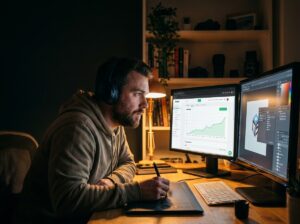 Freelancer reviewing rising Fiverr order analytics on dual monitors at night