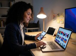 Woman reviewing AI art Instagram grid built with OpenArt on laptop screen