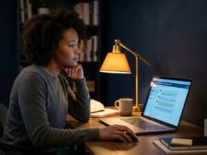Freelancer calmly reviewing a Fiverr payment dispute message thread at her desk