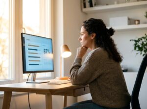 Freelancer analyzing her Fiverr Success Score metric breakdown on screen