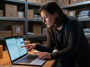 Shopify seller reviewing AI search product data on laptop screen