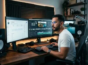Male YouTube creator editing at professional workstation using best video editing software for YouTube 2026