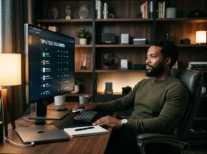 Black man reviewing best Midjourney alternatives 2026 on monitor in a modern dark home office