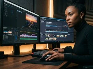 Black female creator using AI video editing tools on dual monitors in a home studio in 2026